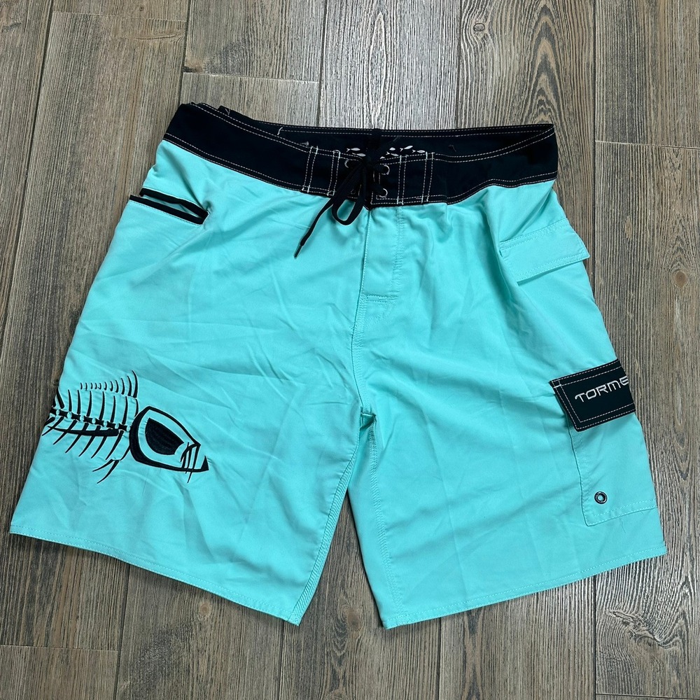 Tormenter Board Shorts Swim Trunks Aqua Blue Fish Skeleton Graphic Mens Size 38